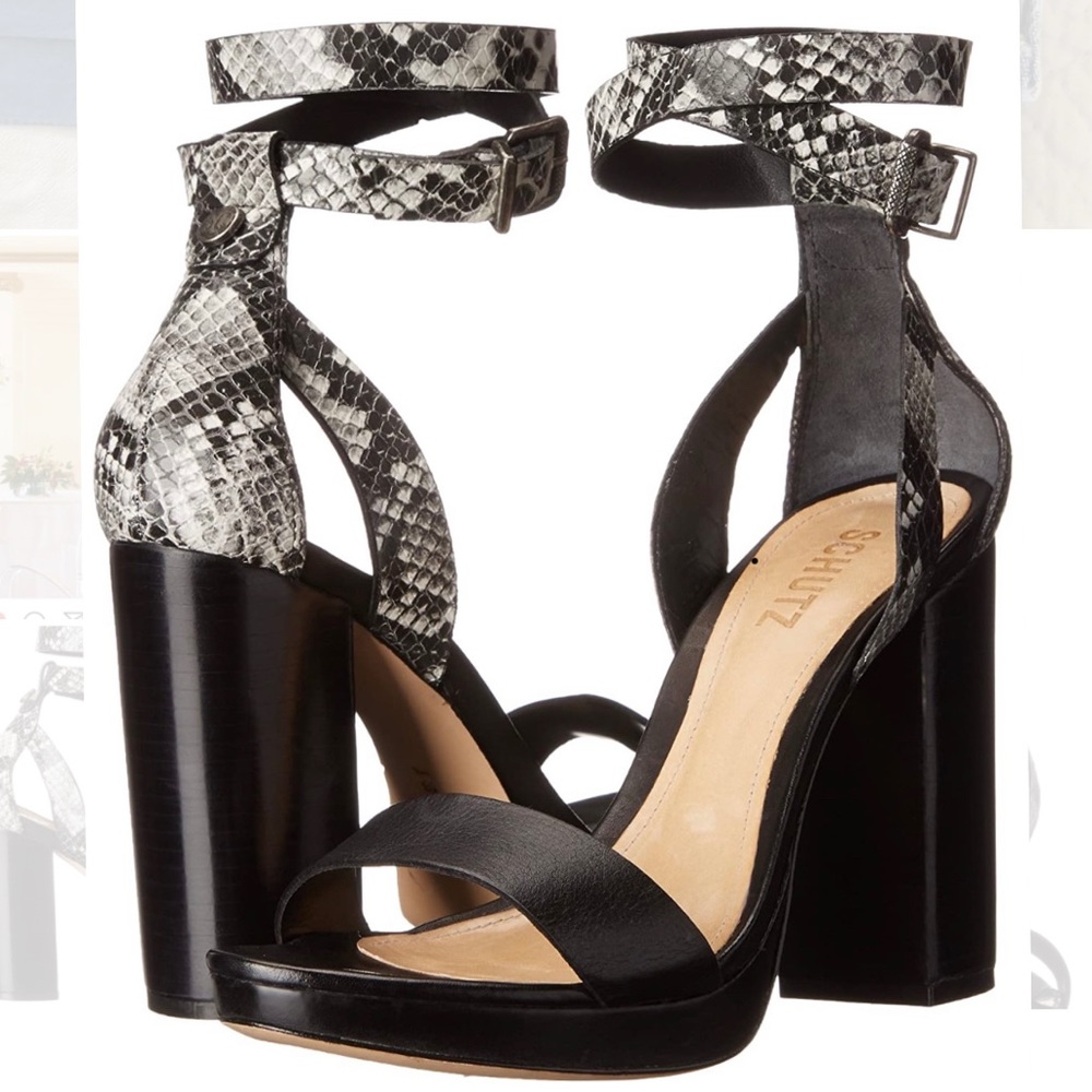 New Schutz Black/Snakeskin Sandals 7.5 Box Dustbag